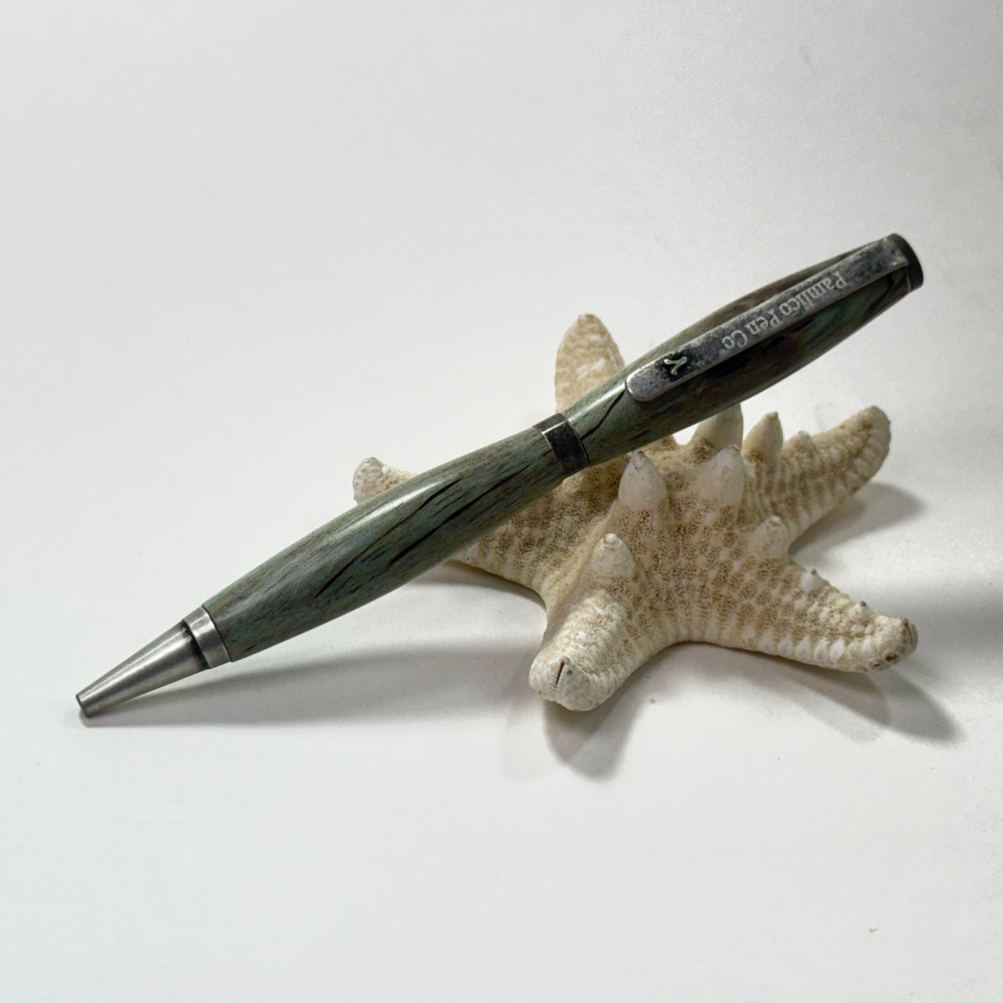 Artisan Made Writing Pen | Stabilized Spalted Wood | Light Blue | Antique Silver