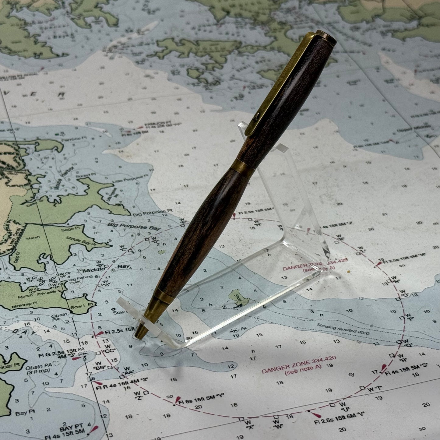 Artisan Made Writing Pen, Stabilized Spalted Wood Light Tones and Antique Brass
