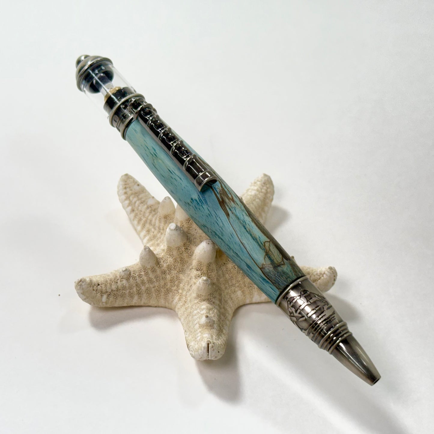 Lighthouse Pen | Spalted Oak | Light Blue | Antique Pewter