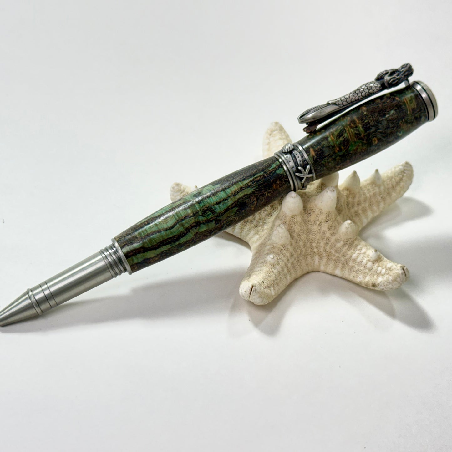 Sea Life | Mermaid | Burl | Greenish and Natural Browns| Antique Pewter | Rollerball