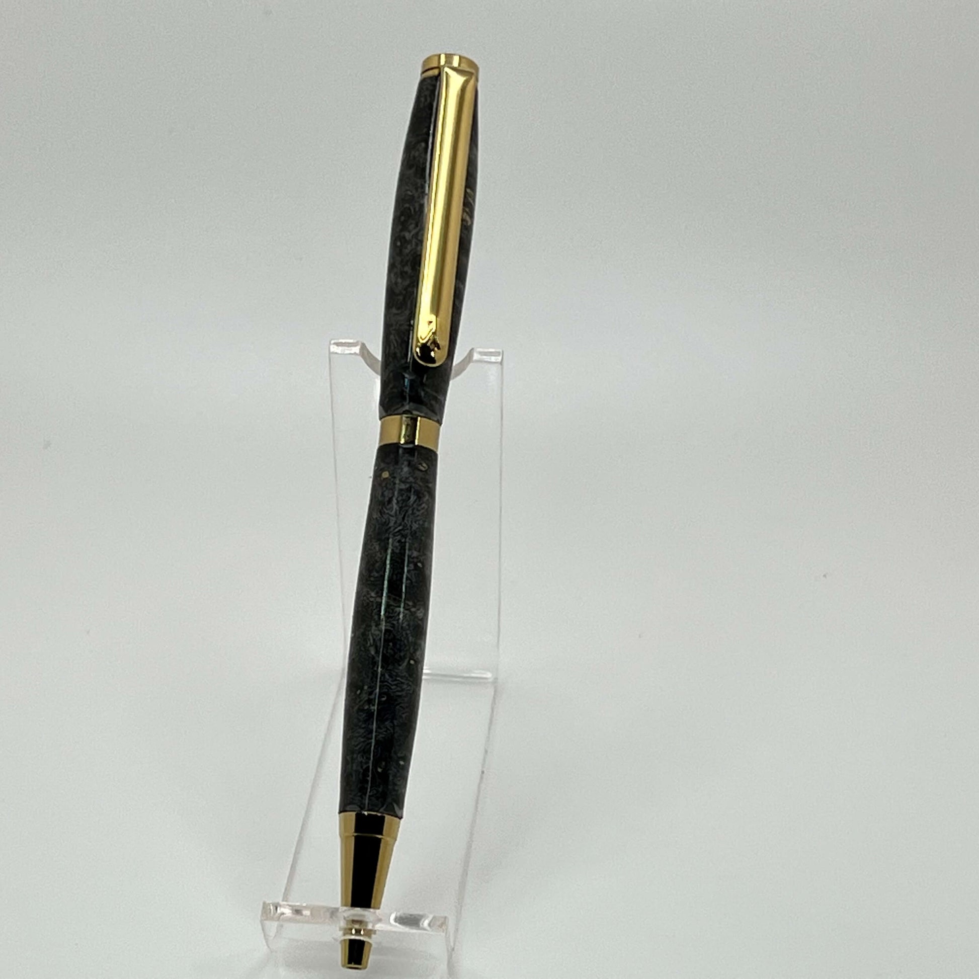 Front view of handcrafted pen with Box Elder Burl wood dyed black