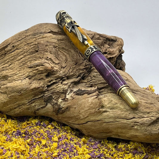 Handcrafted ECU Pirate Wood fountain pen setting on driftwood