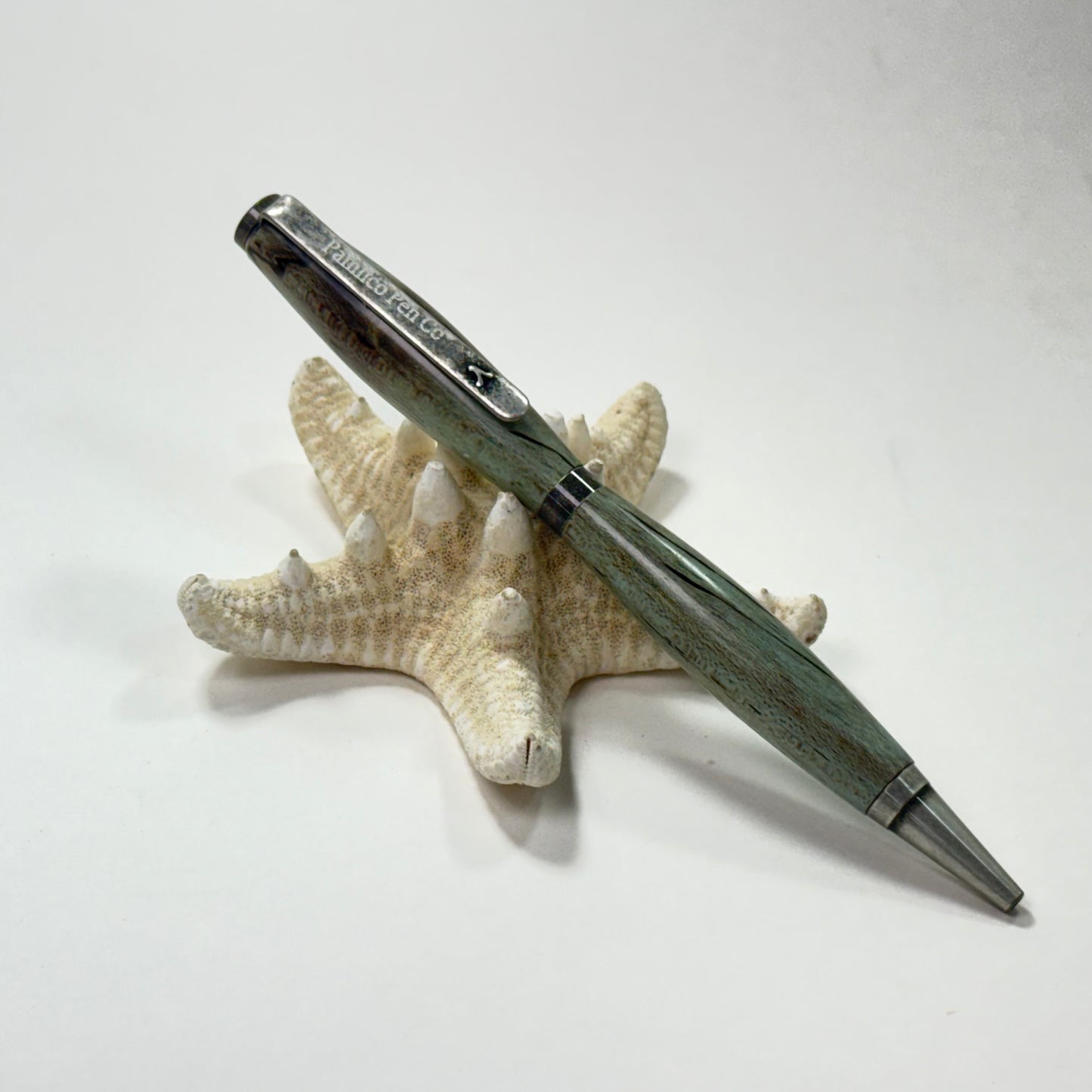 Artisan Made Writing Pen | Stabilized Spalted Wood | Light Blue | Antique Silver