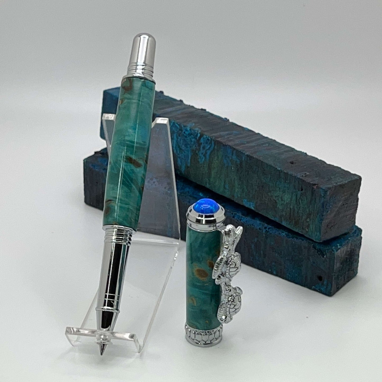 Chrome Sea Turtle Rollerball Pen with Blue Dyed Stabilized Box Elder Burl