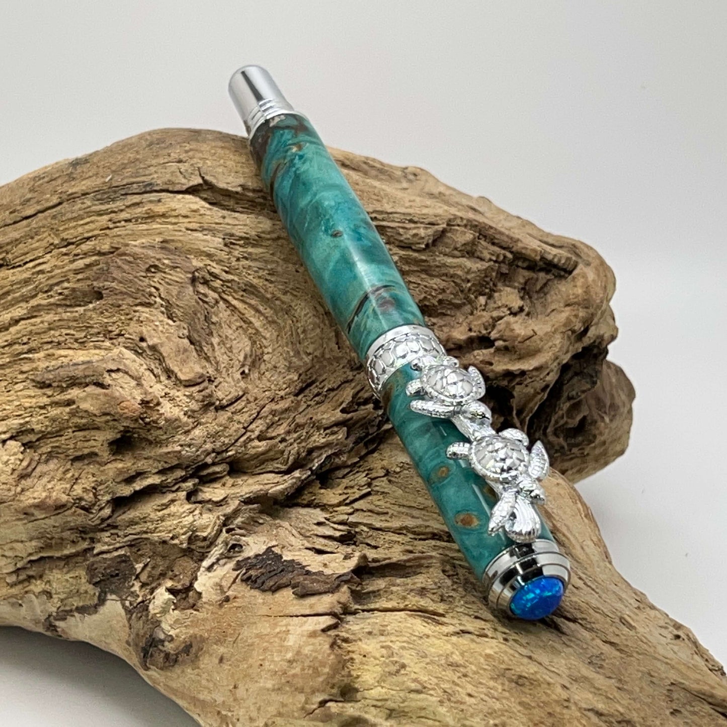 Chrome Sea Turtle Rollerball Pen with Blue Dyed Stabilized Box Elder Burl