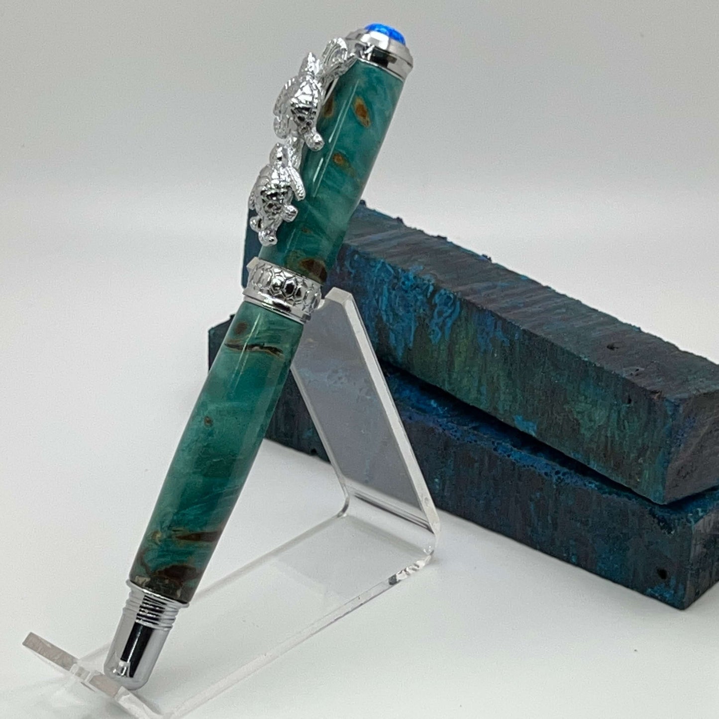 Chrome Sea Turtle Rollerball Pen with Blue Dyed Stabilized Box Elder Burl