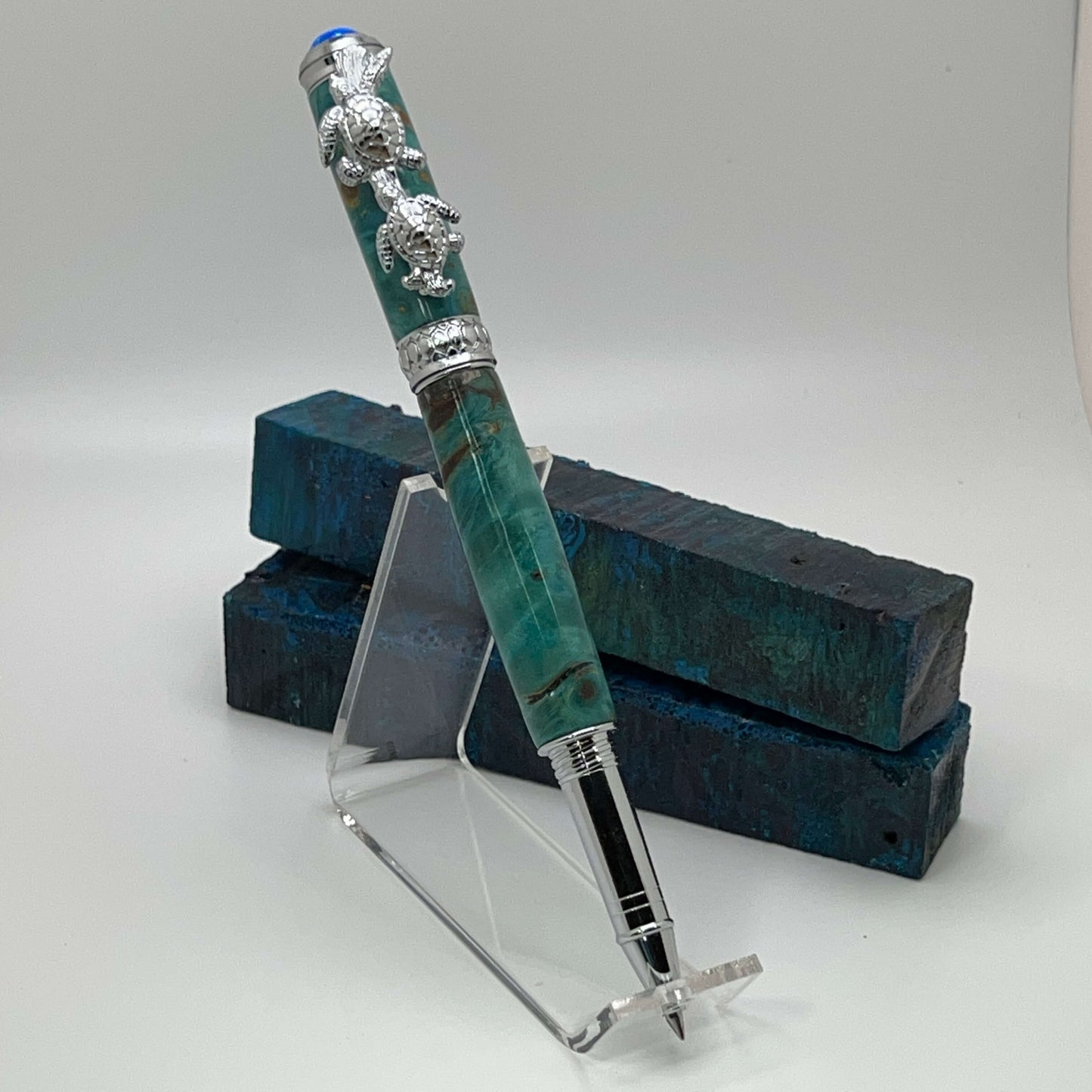 Chrome Sea Turtle Rollerball Pen with Blue Dyed Stabilized Box Elder Burl