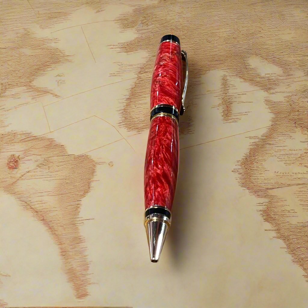 Hand crafted cigar style pen red dyed and stabilized box elder wood 