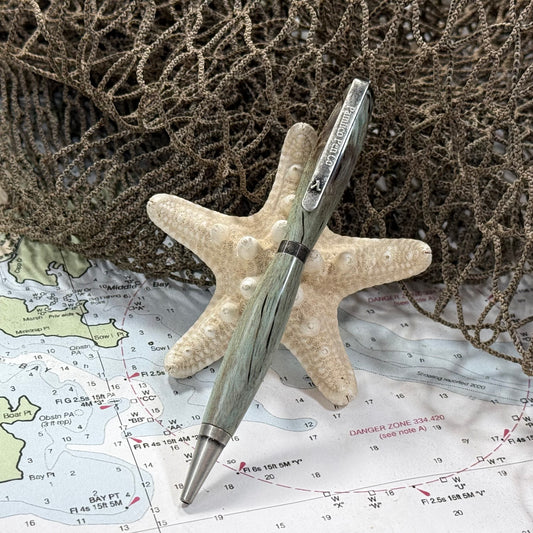 Artisan Made Writing Pen, Stabilized Spalted Wood Light Blue and Antique Silver