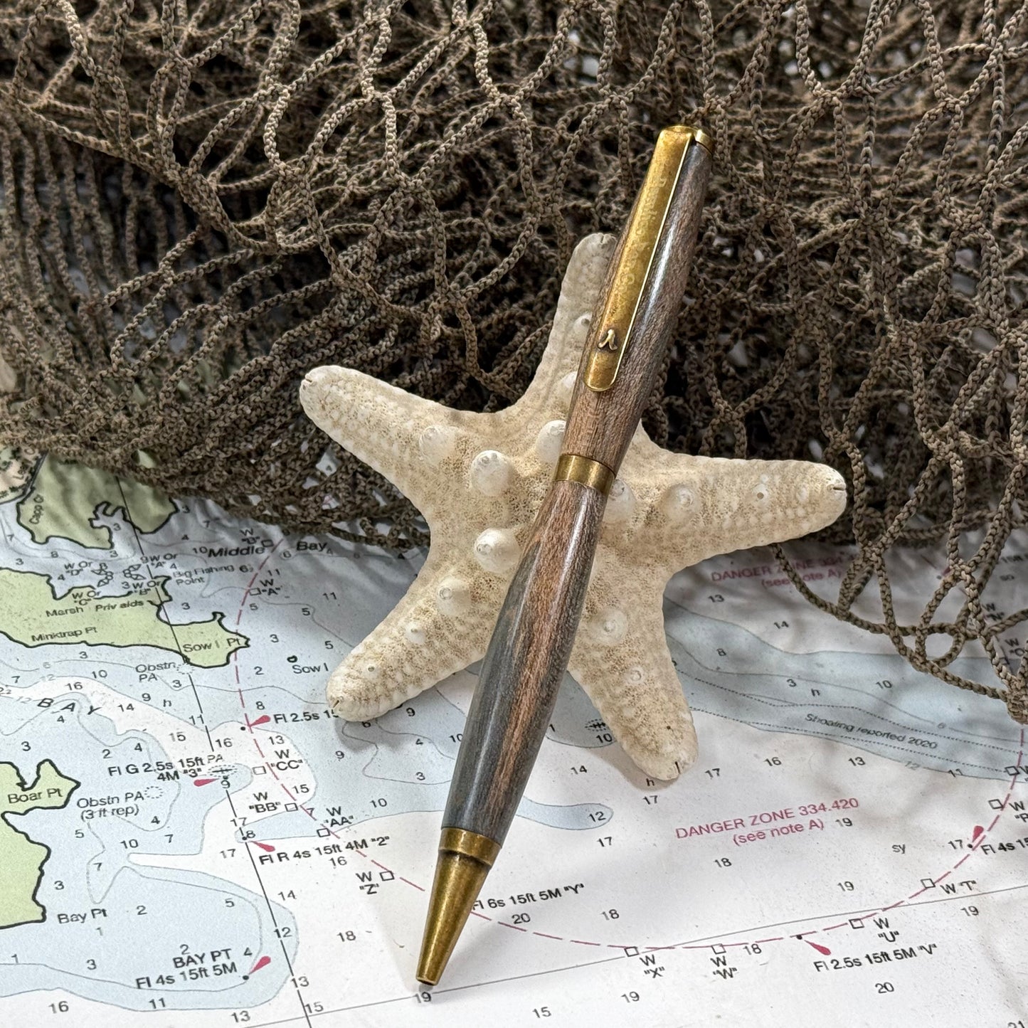Artisan Made Writing Pen, Stabilized Spalted Wood, Blue, Natural Tones and Antique Brass