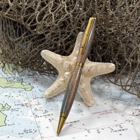 Artisan Made Writing Pen, Stabilized Spalted Wood, Blue, Natural Tones and Antique Brass