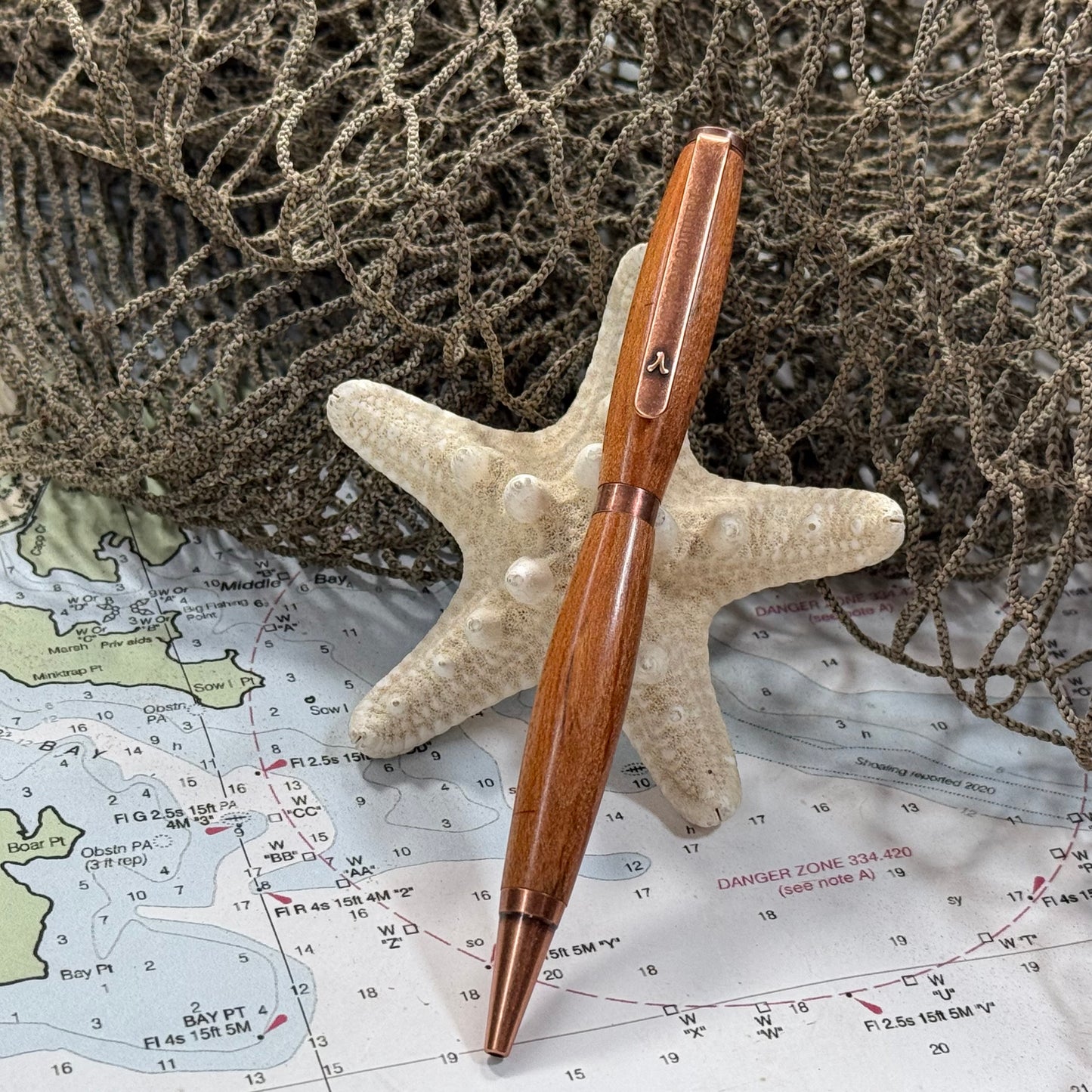 Artisan Made Writing Pen, Stabilized Spalted Wood, Orange Natural Tones and Antique Copper
