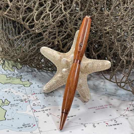 Artisan Made Writing Pen, Stabilized Spalted Wood, Orange Natural Tones and Antique Copper