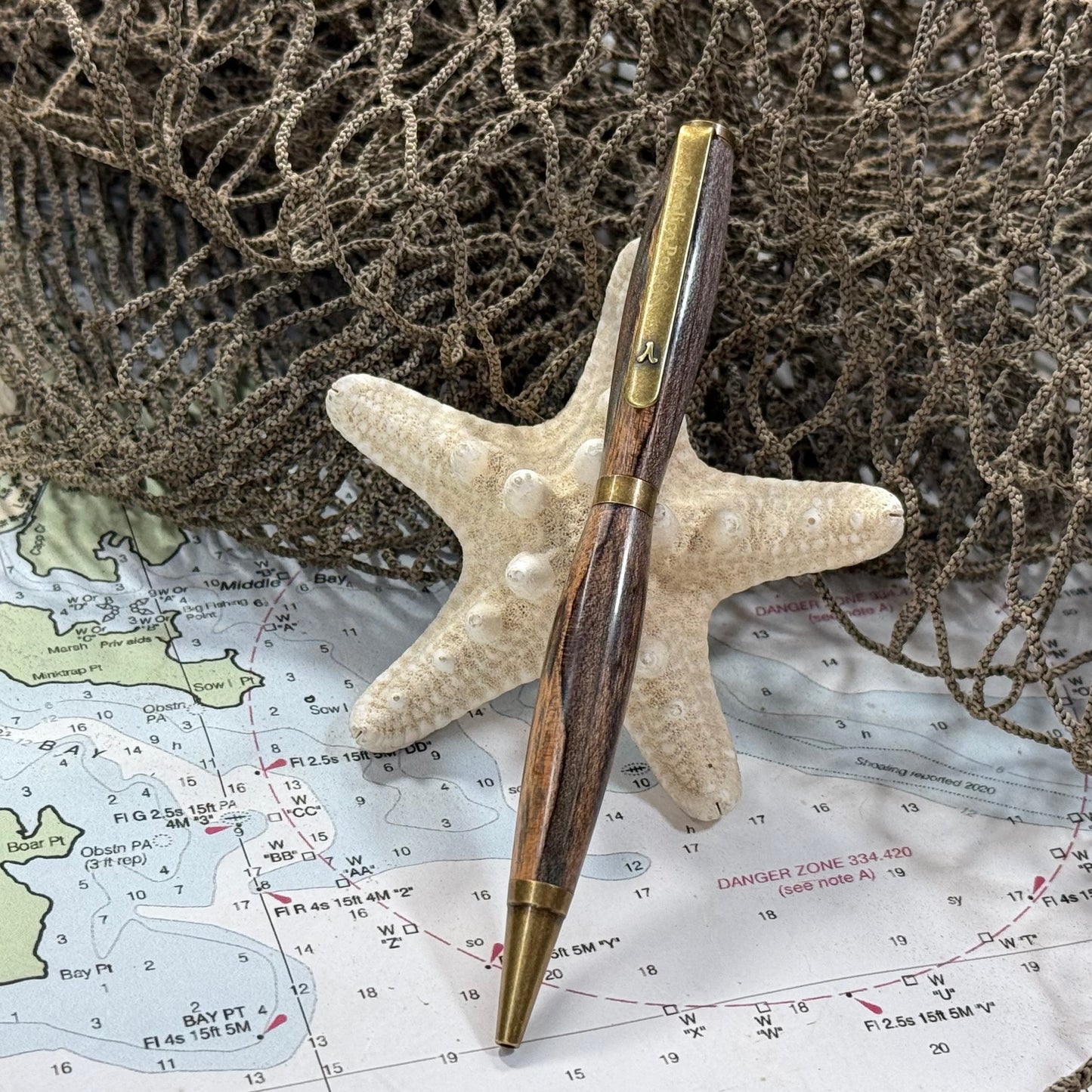 Artisan Made Writing Pen, Stabilized Spalted Wood Light Tones and Antique Brass