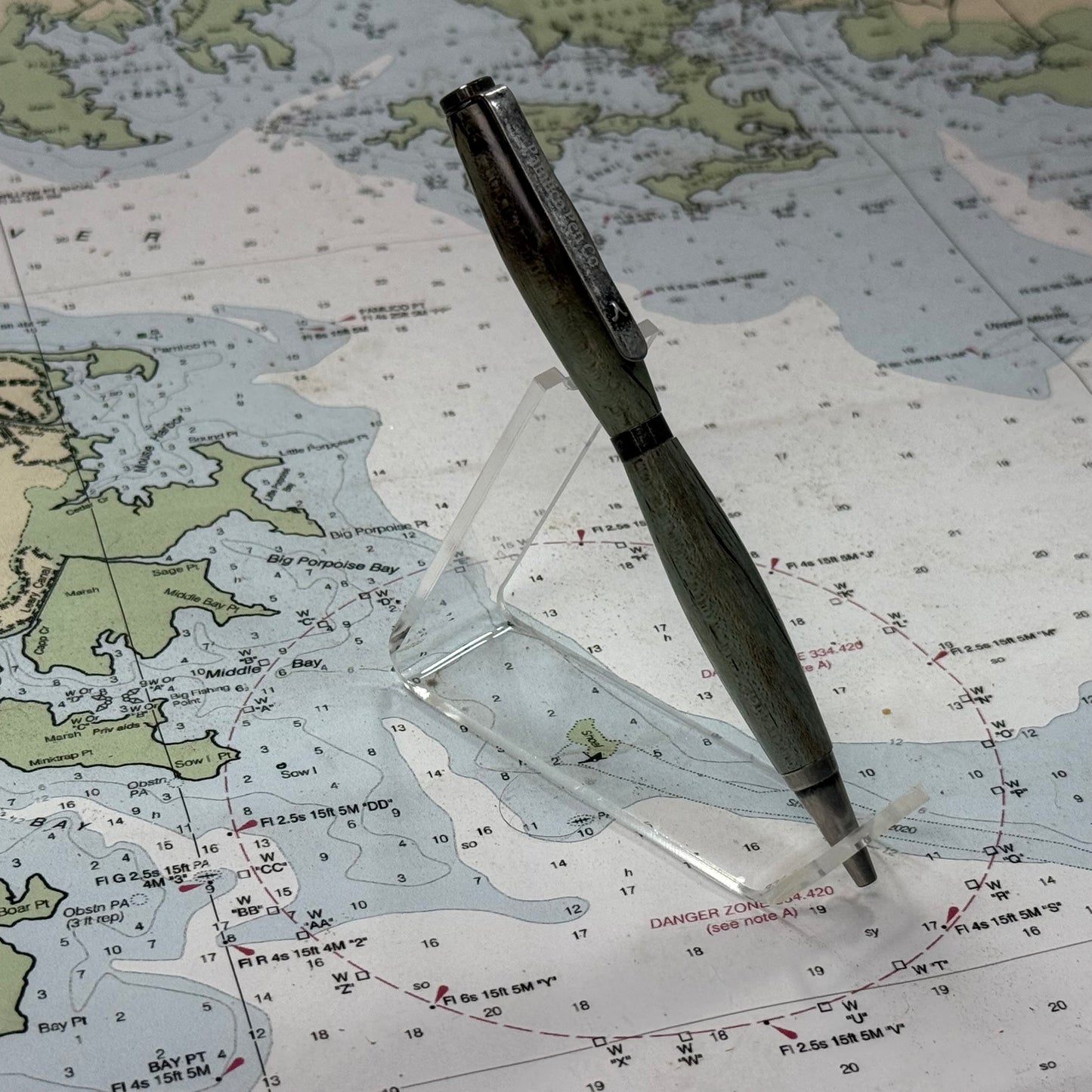 Artisan Made Writing Pen, Stabilized Spalted Wood Light Blue and Antique Silver