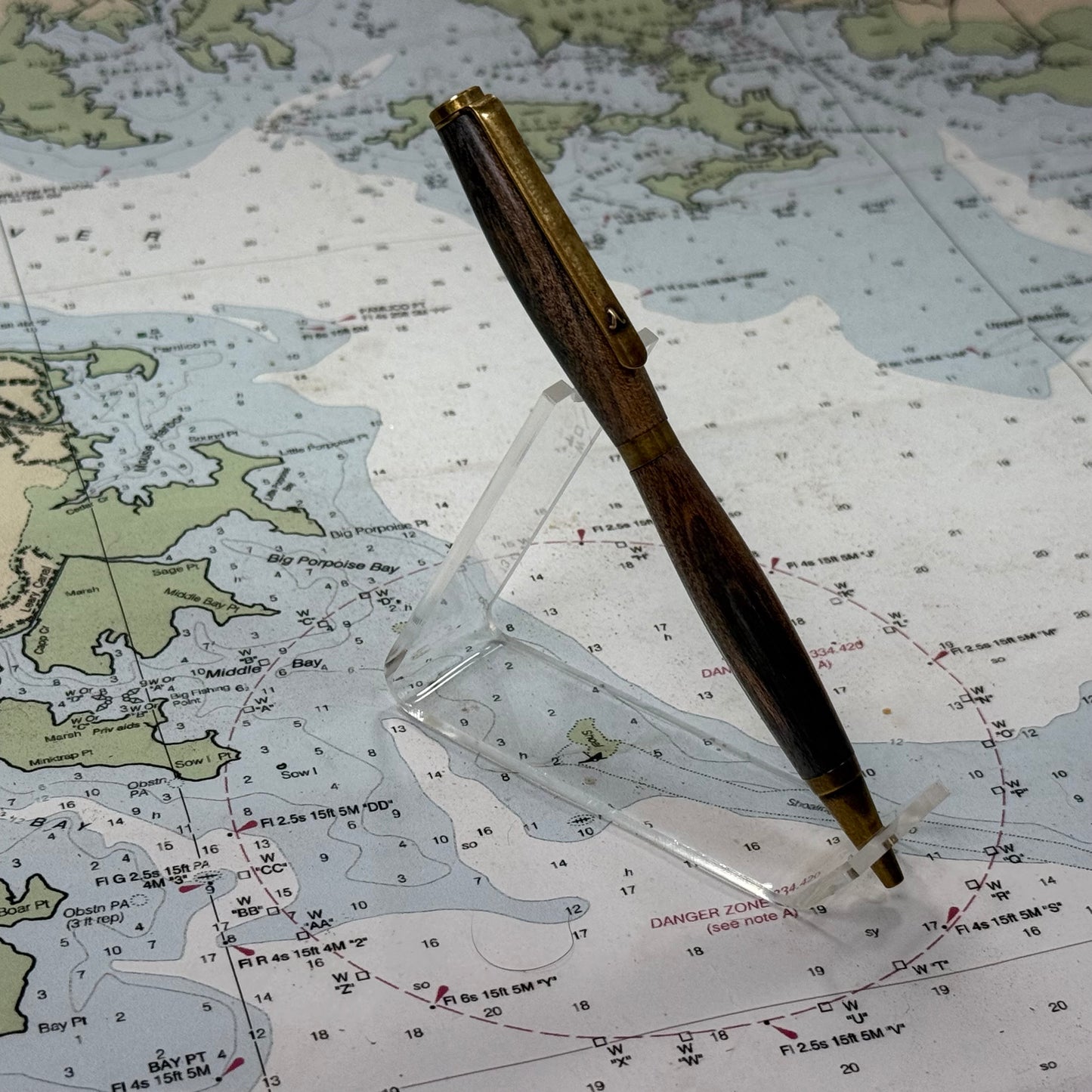 Artisan Made Writing Pen, Stabilized Spalted Wood, Blue, Natural Tones and Antique Brass
