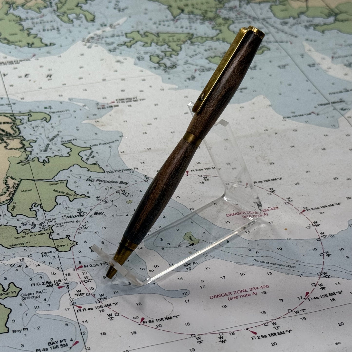 Artisan Made Writing Pen, Stabilized Spalted Wood, Blue, Natural Tones and Antique Brass