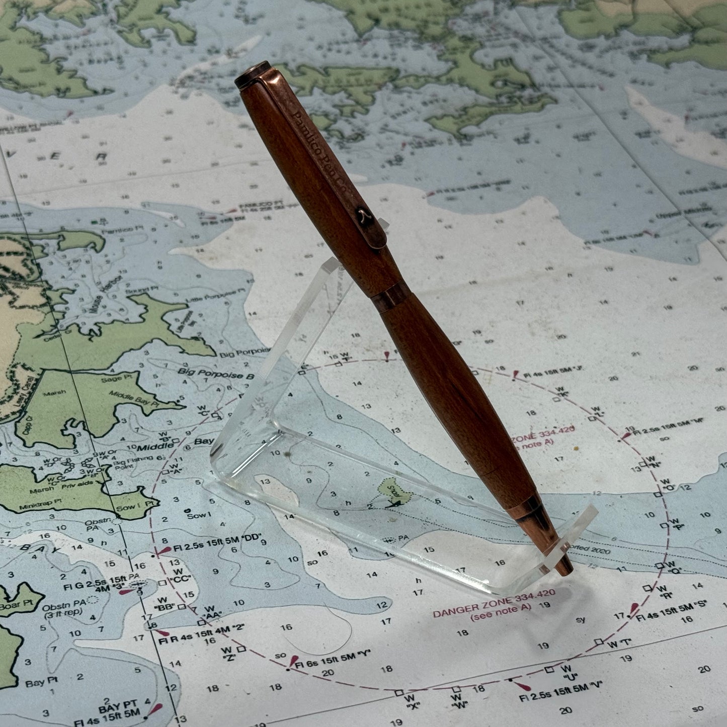 Artisan Made Writing Pen, Stabilized Spalted Wood, Orange Natural Tones and Antique Copper