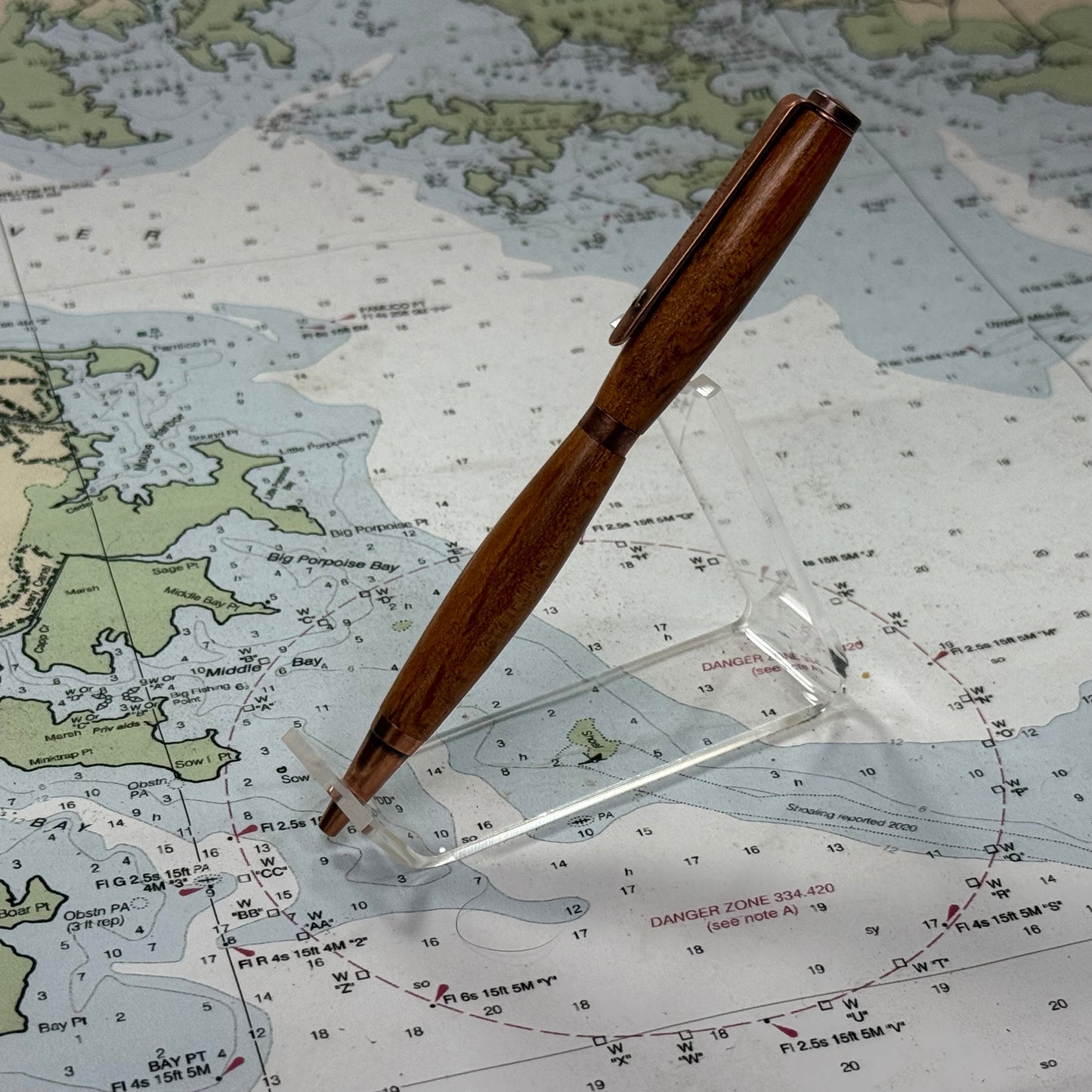 Artisan Made Writing Pen, Stabilized Spalted Wood, Orange Natural Tones and Antique Copper