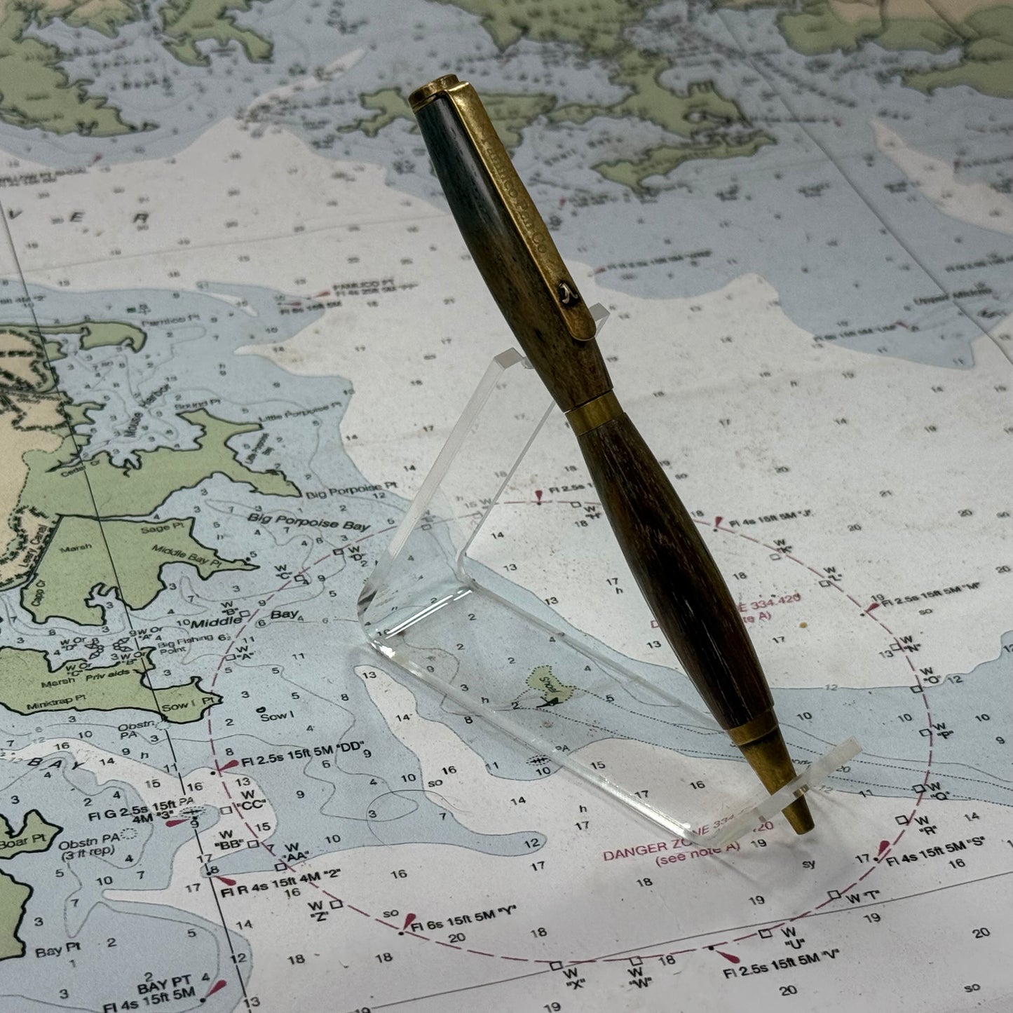 Artisan Made Writing Pen, Stabilized Spalted Wood Light Tones and Antique Brass