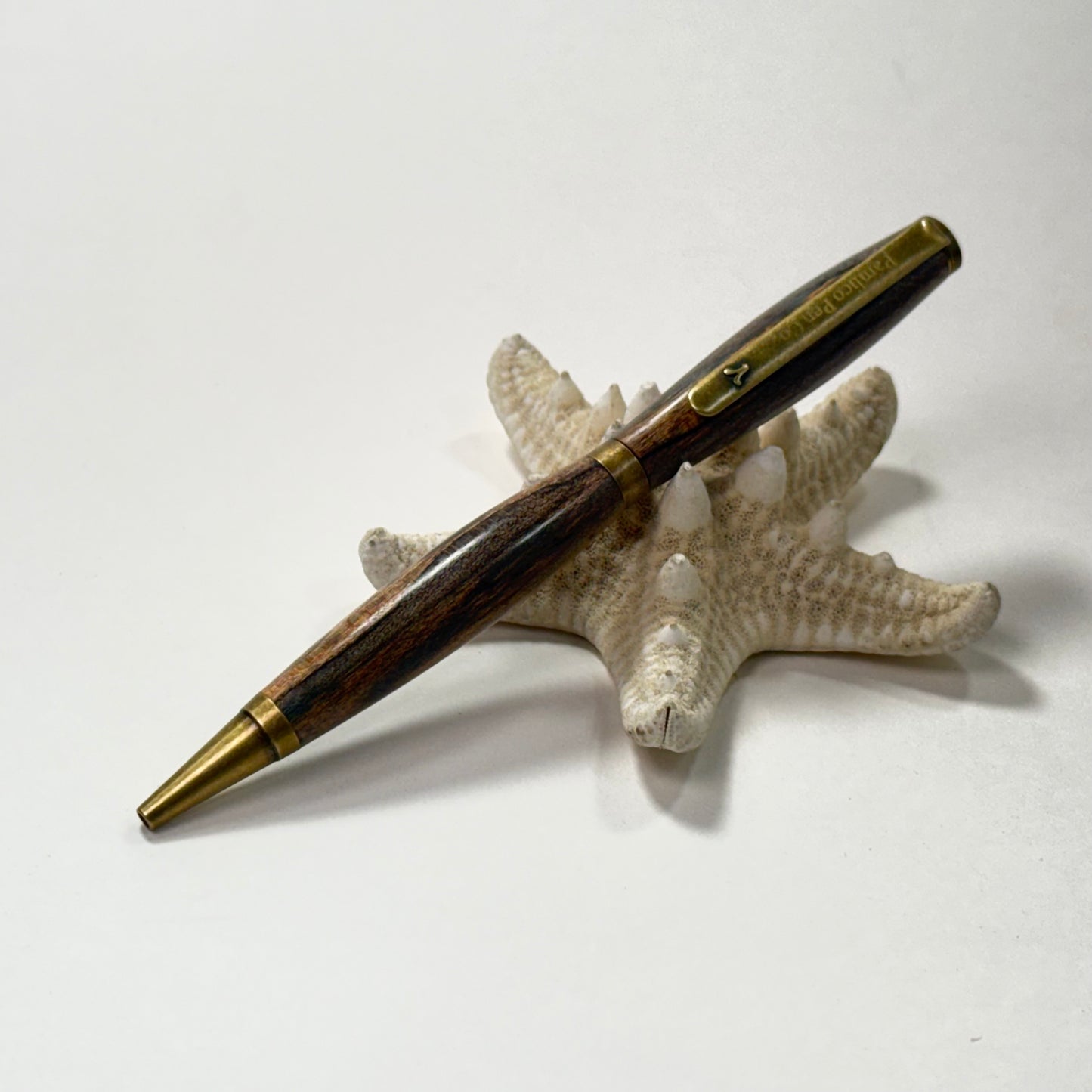 Artisan Made Writing Pen | Stabilized Spalted Wood | Light Brown Tones | Antique Brass