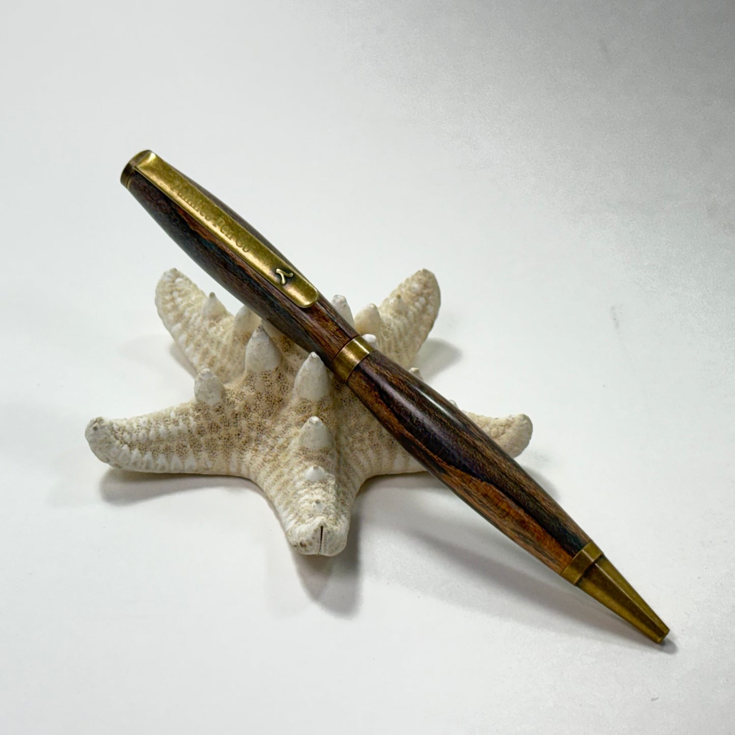Artisan Made Writing Pen | Stabilized Spalted Wood | Light Brown Tones | Antique Brass