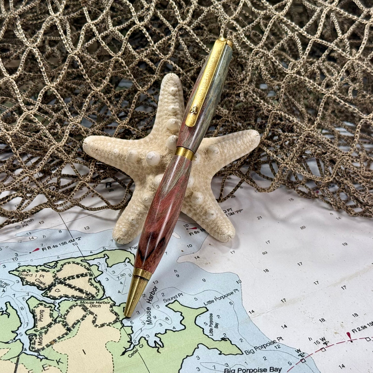 Artisan Made Writing Pen | Spalted Wood | Multi Tone Colors | Antique Brass