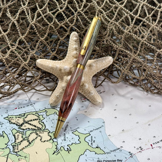 Artisan Made Writing Pen | Spalted Wood | Multi Tone Colors | Antique Brass