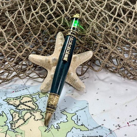 Lighthouse Pen | Spalted Oak | Teal Blue | Antique Brass