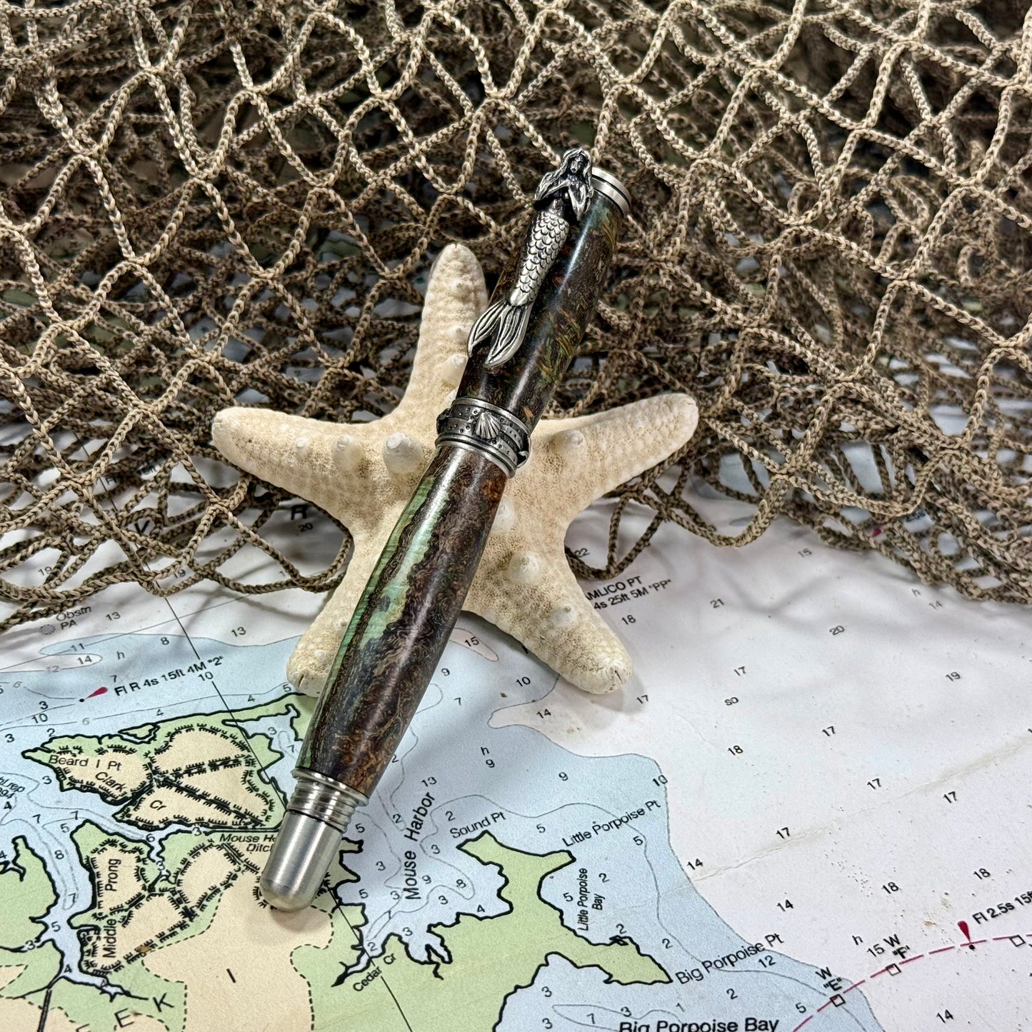Sea Life | Mermaid | Burl | Greenish and Natural Browns| Antique Pewter | Rollerball