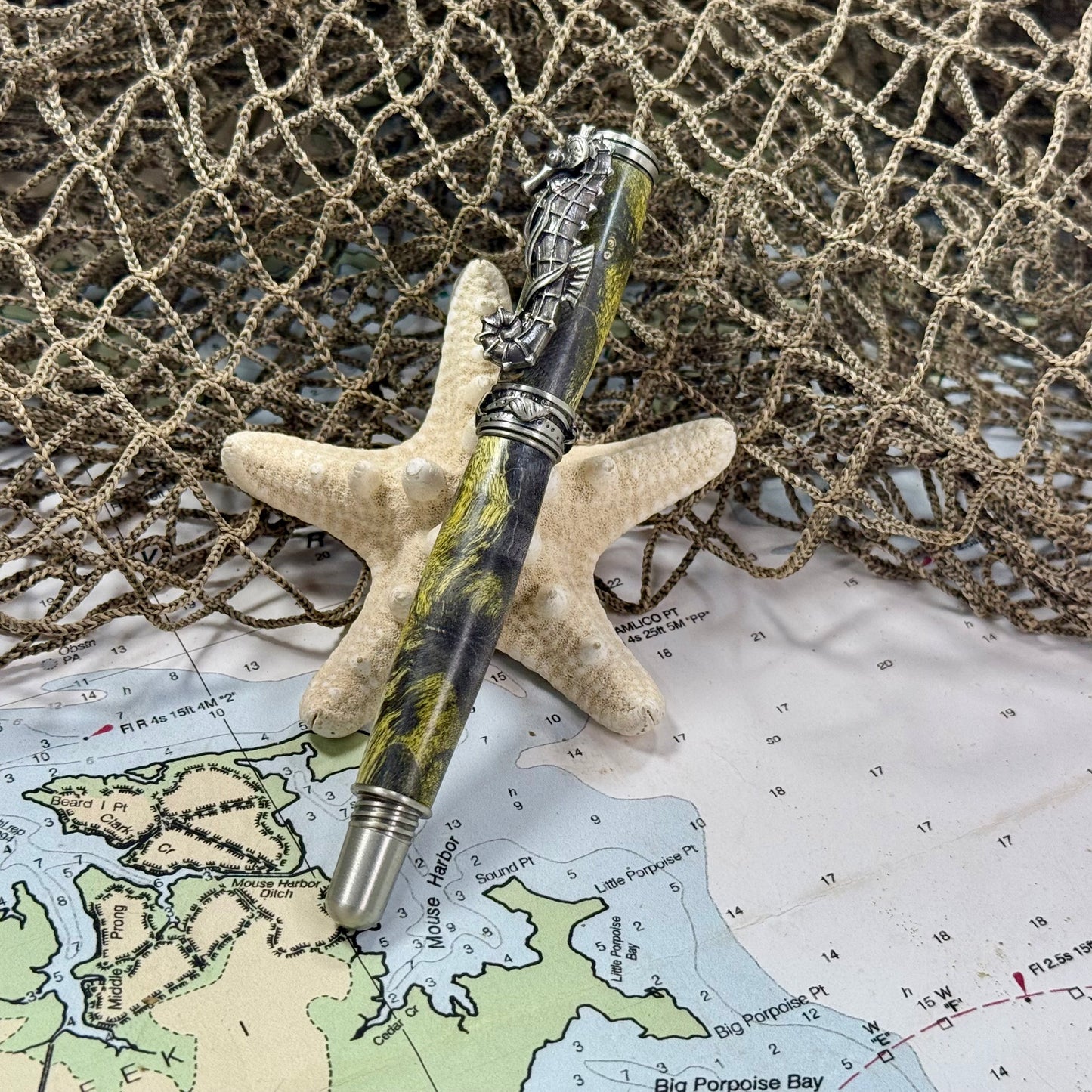 Sea Life | Seahorse | Maple Burl | Grey Light Yellow Greenish | Antique Pewter