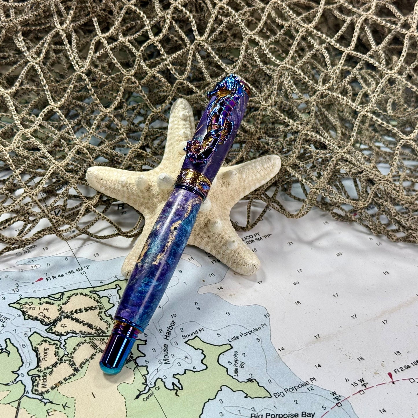 Sea Life | Seahorse | Burl | Blue and Purple Tones | Blue Titanium | Rollerball