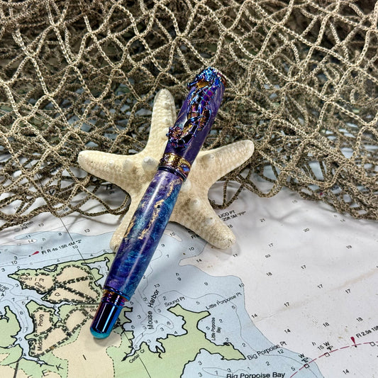 Sea Life | Seahorse | Burl | Blue and Purple Tones | Blue Titanium | Rollerball