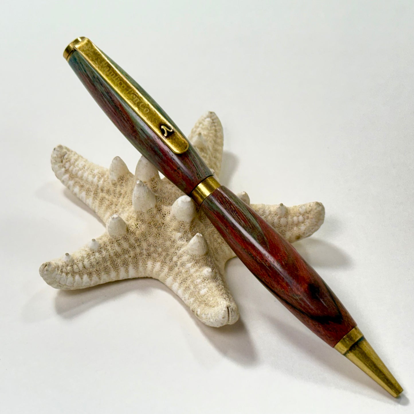 Artisan Made Writing Pen | Spalted Wood | Multi Tone Colors | Antique Brass