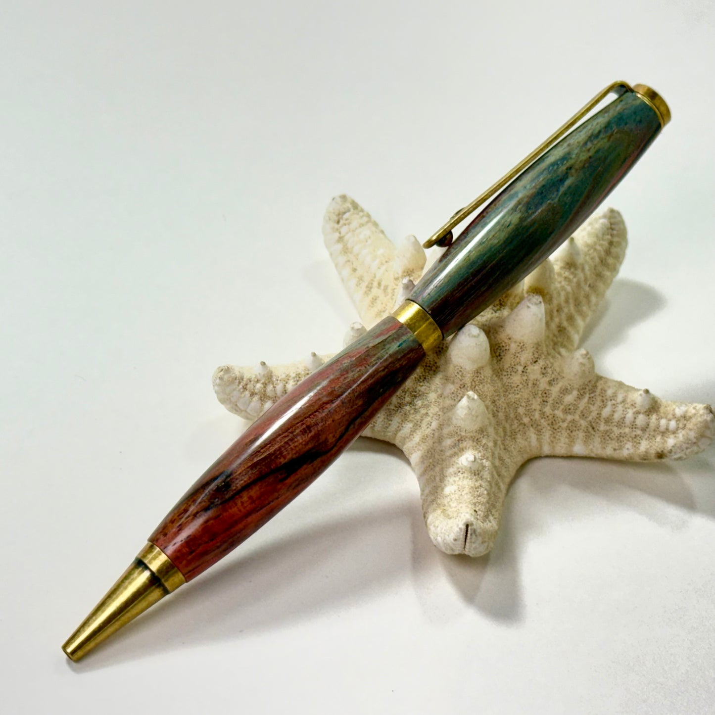 Artisan Made Writing Pen | Spalted Wood | Multi Tone Colors | Antique Brass