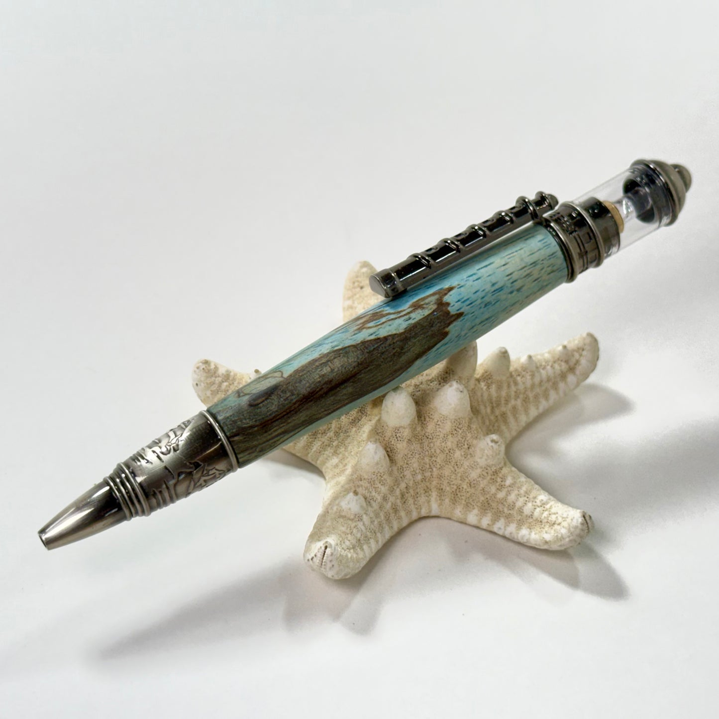 Lighthouse Pen | Spalted Oak | Light Blue | Antique Pewter