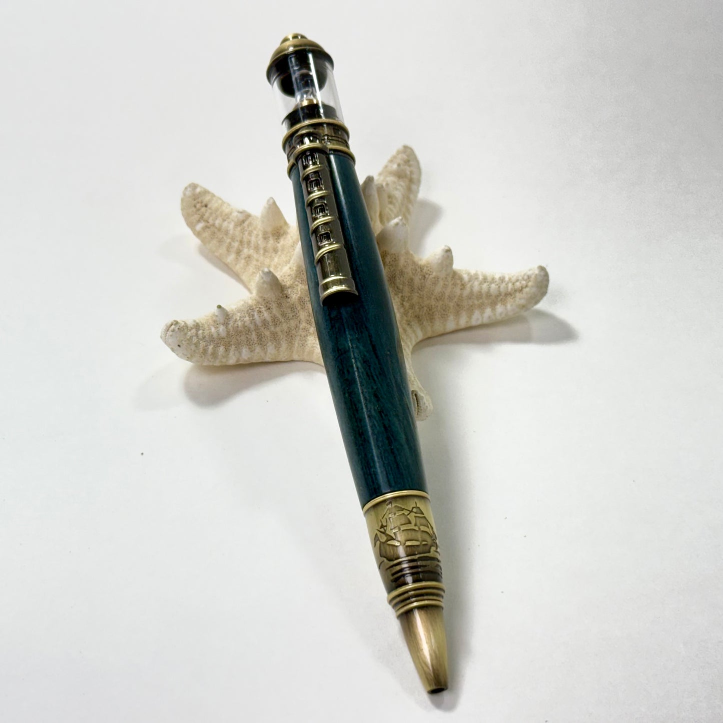 Lighthouse Pen | Spalted Oak | Teal Blue | Antique Brass