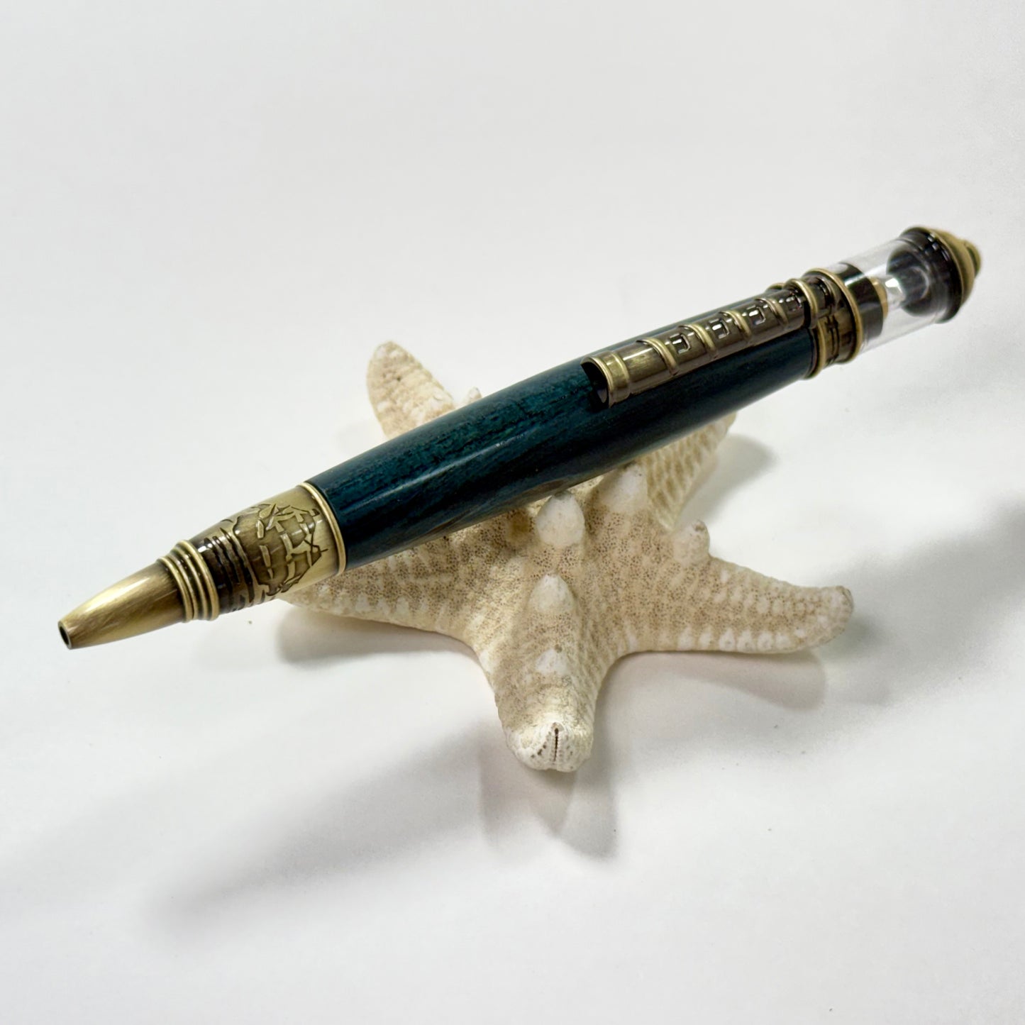 Lighthouse Pen | Spalted Oak | Teal Blue | Antique Brass