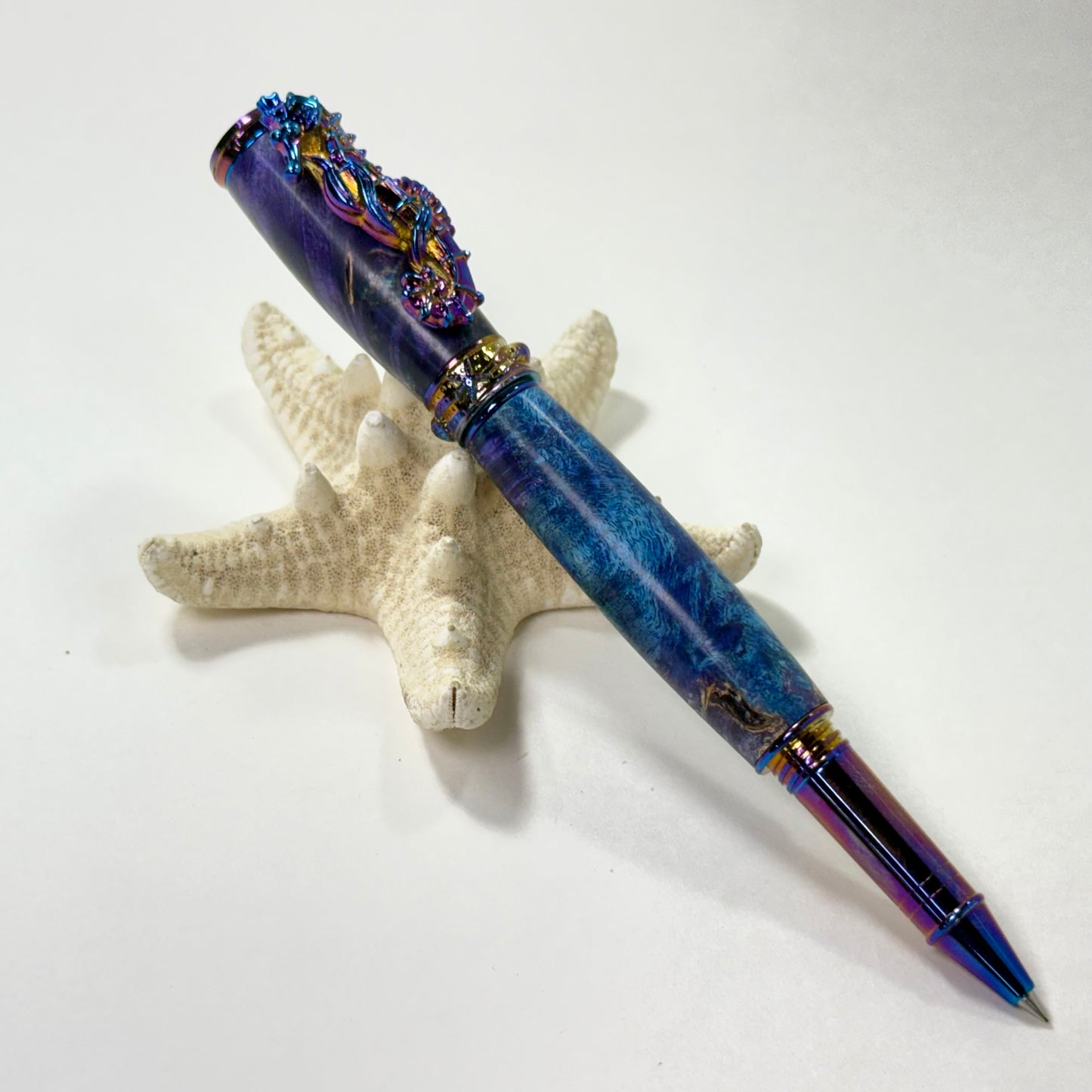 Sea Life | Seahorse | Burl | Blue and Purple Tones | Blue Titanium | Rollerball