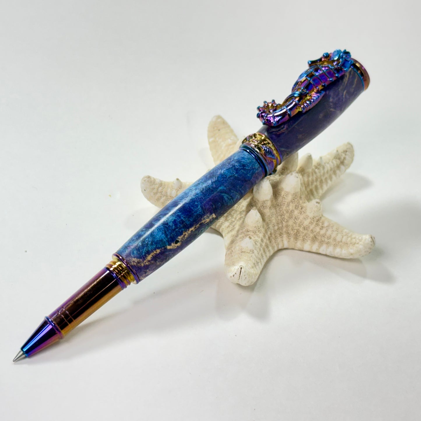 Sea Life | Seahorse | Burl | Blue and Purple Tones | Blue Titanium | Rollerball