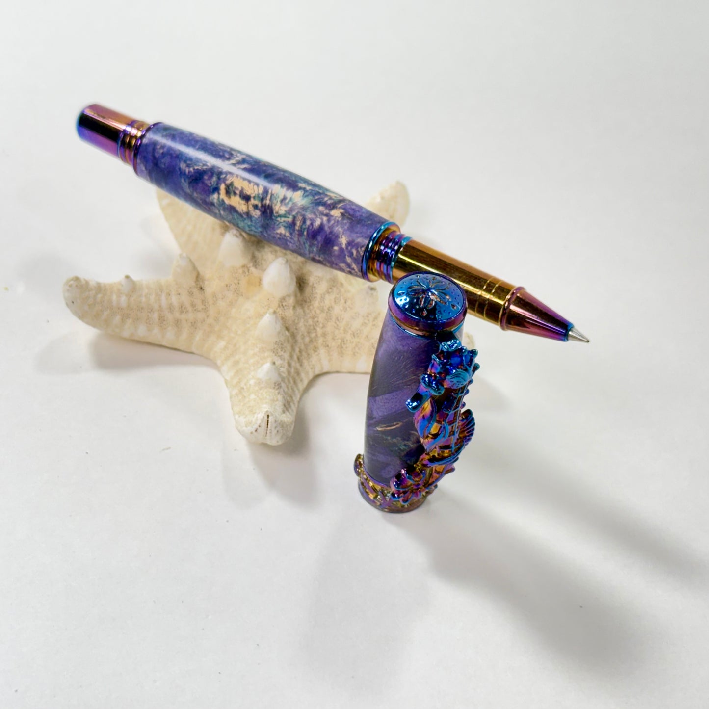 Sea Life | Seahorse | Burl | Blue and Purple Tones | Blue Titanium | Rollerball