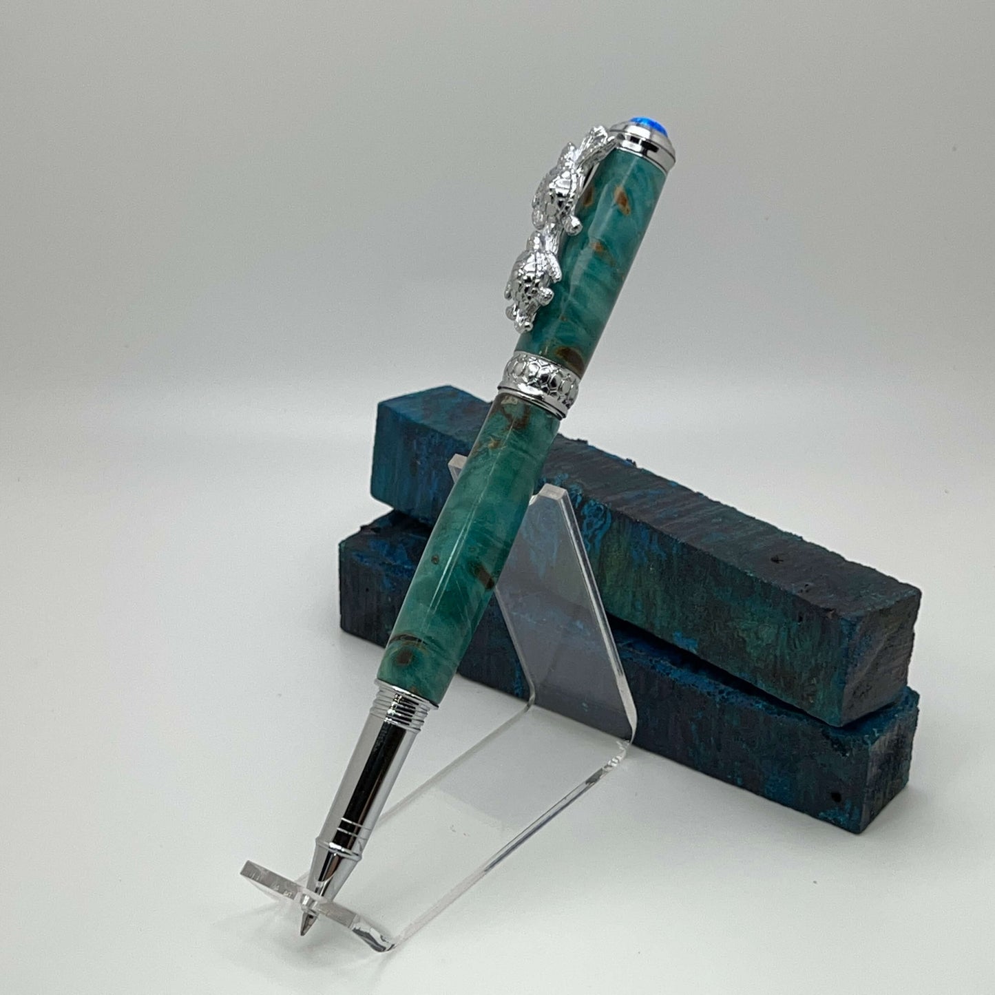 Chrome Sea Turtle Rollerball Pen with Blue Dyed Stabilized Box Elder Burl