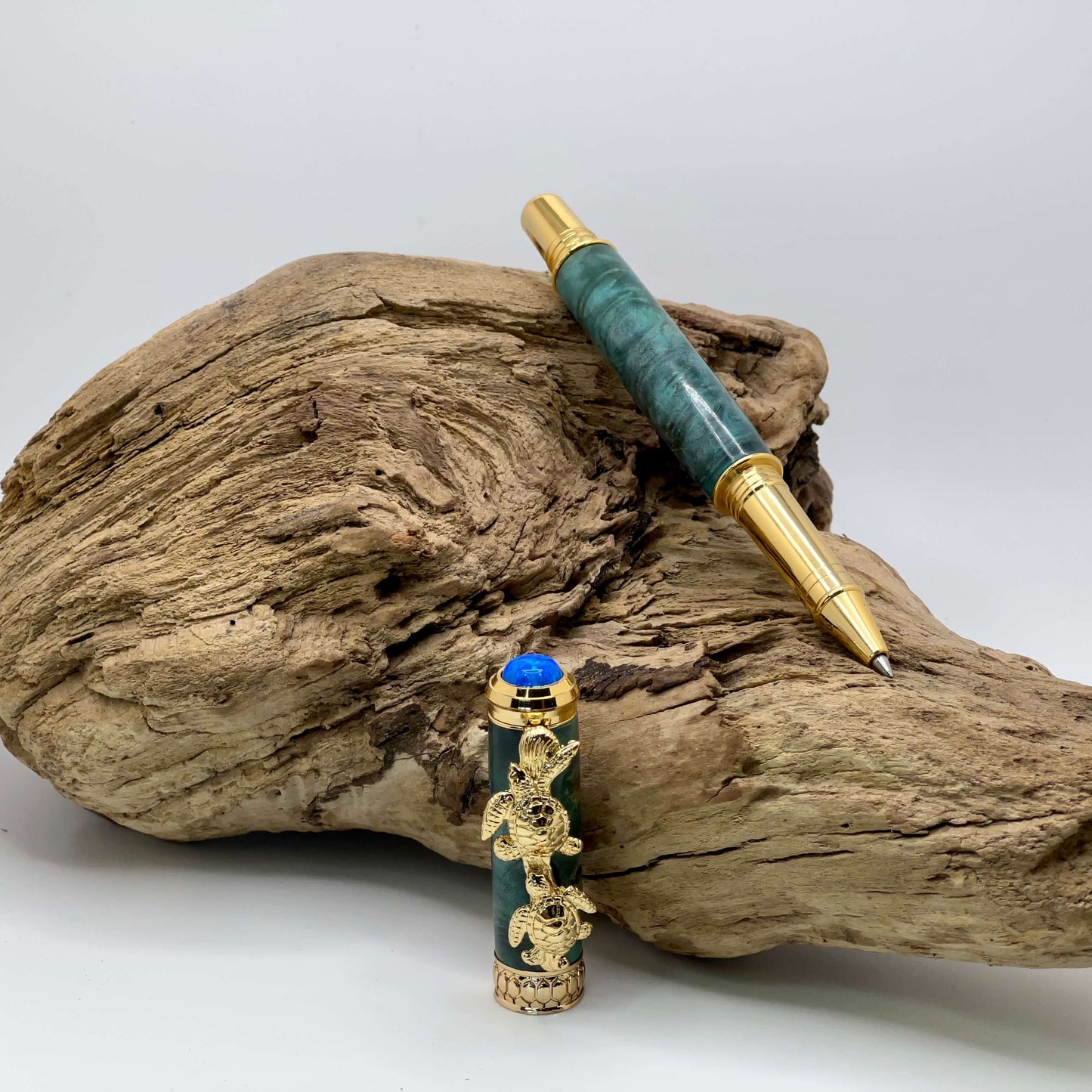 10K Gold Sea Turtle Pen with Blue Dyed Stabilized Ambrosia Burl