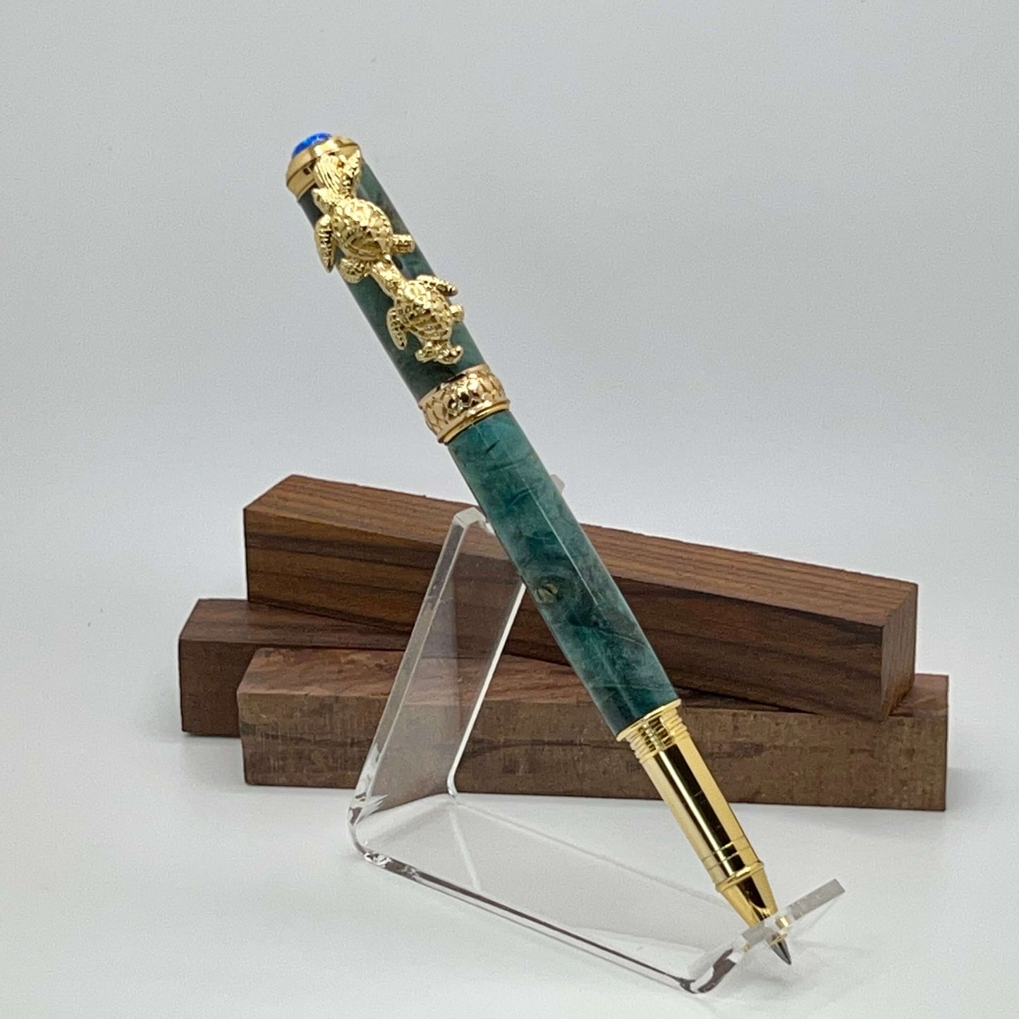 10K Gold Sea Turtle Pen with Blue Dyed Stabilized Ambrosia Burl