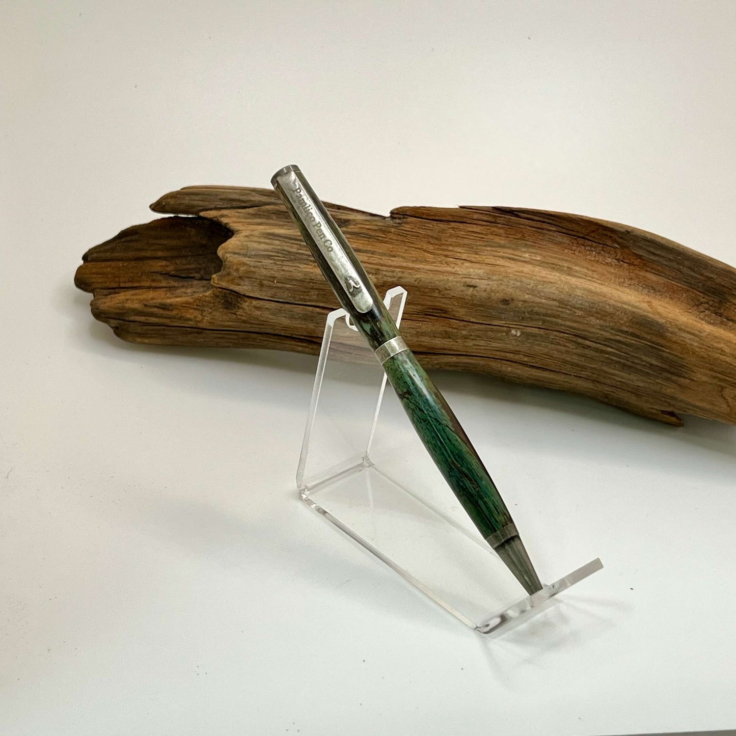 Handcrafted Wood Writing Pen Antique Silver and Spalted Oak Dyed With Green and Blue Hues