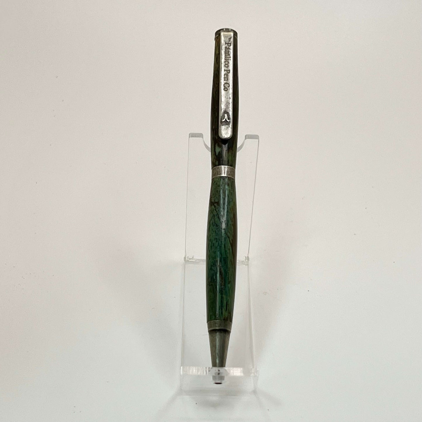 Handcrafted Wood Writing Pen Antique Silver and Spalted Oak Dyed With Green and Blue Hues