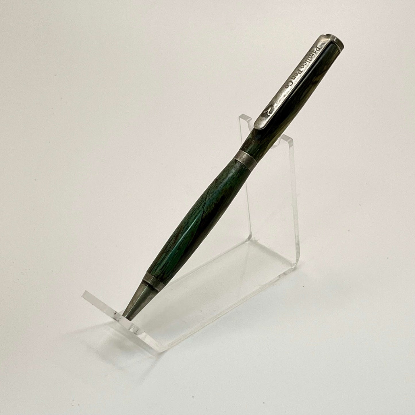 Handcrafted Wood Writing Pen Antique Silver and Spalted Oak Dyed With Green and Blue Hues