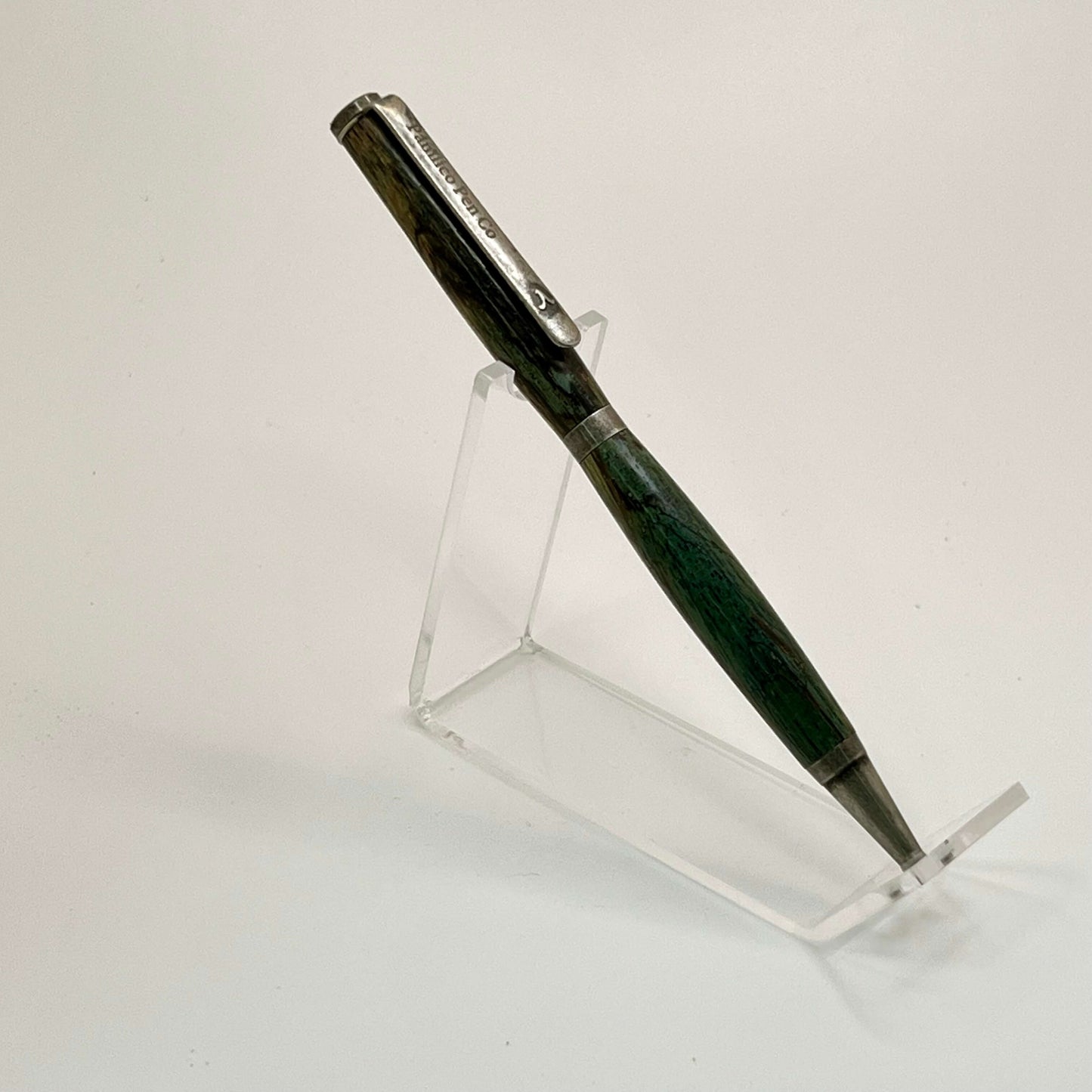 Handcrafted Wood Writing Pen Antique Silver and Spalted Oak Dyed With Green and Blue Hues