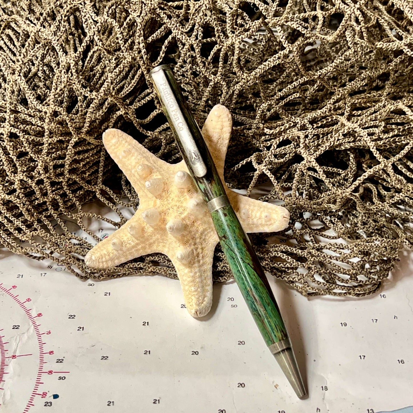 Handcrafted Wood Writing Pen Antique Silver and Spalted Oak Dyed With Green and Blue Hues