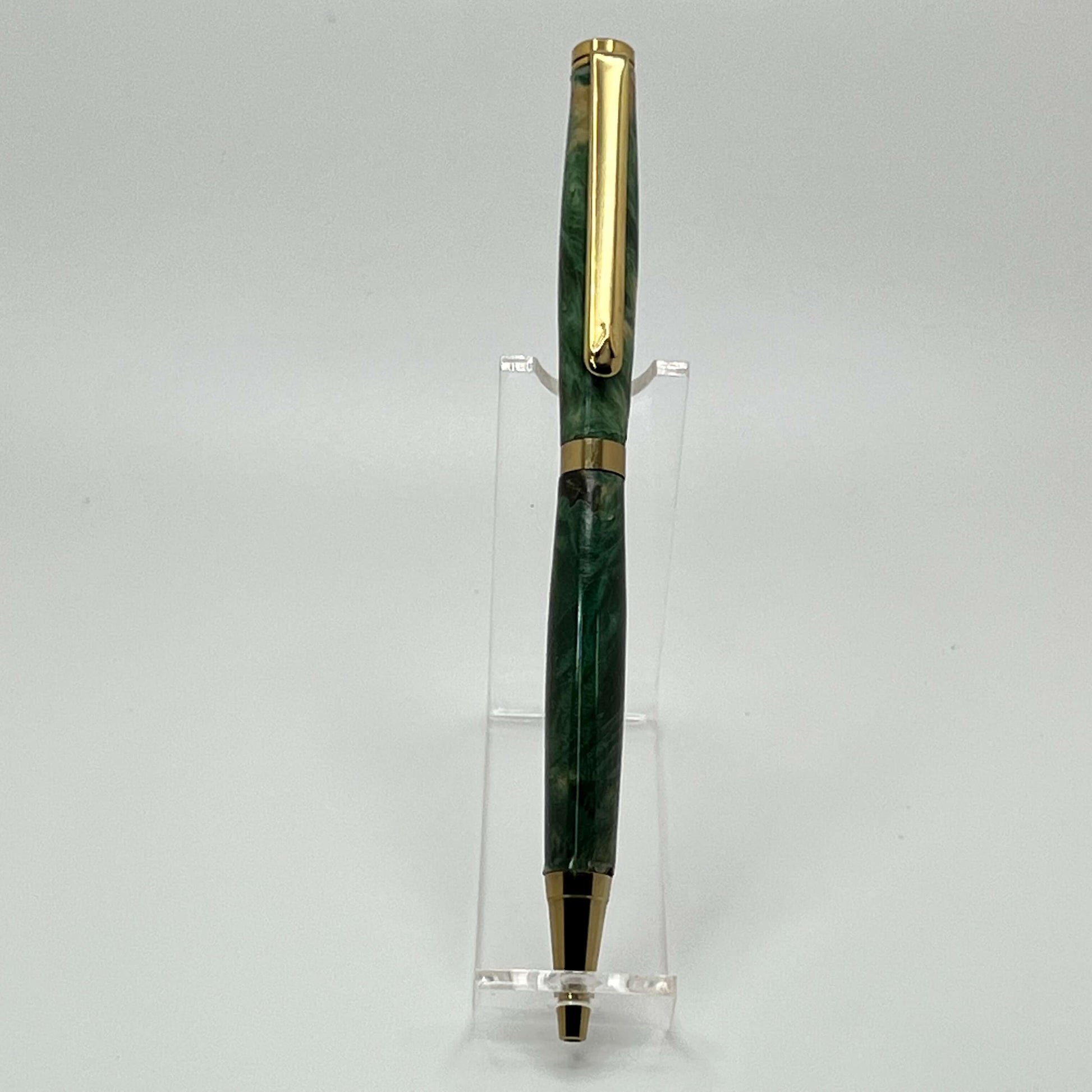 Front view of handcrafted pen with Box Elder Burl wood dyed green